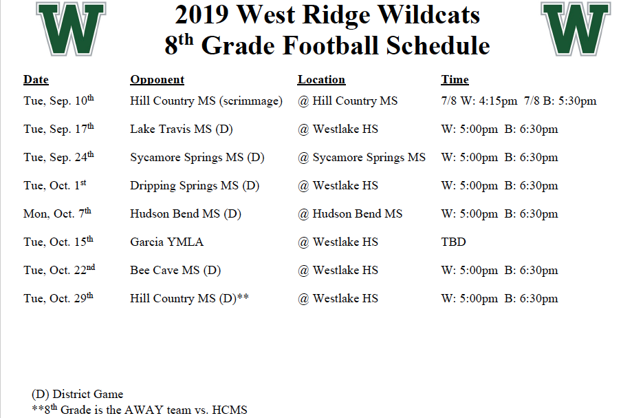 8th Schedule West Ridge Wildcats Football